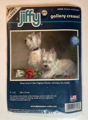 NEW SUNSET JIFFY TERRIERS AND ROSES 16056 GALLERY CREWEL 7”X 5” MADE IN THE USA - Image 1 of 3