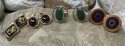 Lote de 4 pares de gemelos vintage Swank Hickock esmalte jade granate cabujón rojo Foto 1 de 4