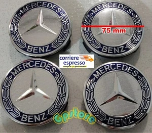 4 TAPPI COPRIMOZZO MERCEDES BENZ CERCHI IN LEGA 75MM CLASSE A B C E CLA CLK BLUE - Foto 1 di 4