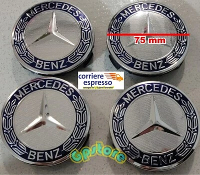 MERCEDES-BENZ 4 TAPPI COPRIMOZZO MERCEDES BENZ CERCHI IN LEGA 75MM CLASSE A B C E CLA CLK BLUE