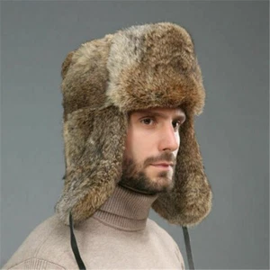 Genuine Mens Real Winter Trapper Hat Cap Russia Ushanka Earflap Ski Rabbit Fur - Picture 1 of 10
