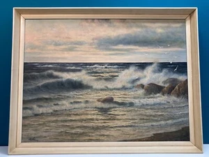 MARTIMES GEMÄLDE BRANDUNG MEER SIGNIERT GISCHT WELLEN REALISMUS STRAND ABEND - Bild 1 von 6