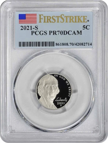 2021-S Jefferson Nickel PR70DCAM First Strike PCGS Cover