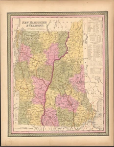 1850 New Hampshire & Vermont by Mitchell antique map ~17.4" x 13.5" Hand colored - Picture 1 of 4