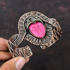 Pink Carved Stone Jewelry Copper Gift Wire Wrapped Face Cuff Adjustable Bangle