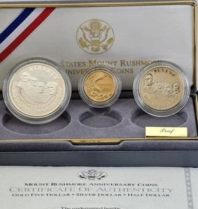 1991 U.S Mint Mount Rushmore Anniversary Gold & Silver 3 Coin Proof Set OGP COA - Picture 1 of 10