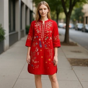 Johnny Was Women’s Tunic Size XS Embroidered Linen Red LIMITED ED No 3 Of 1596 - Picture 1 of 15