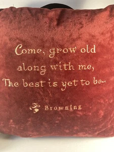 Velvet Maroon Cushion Gold Embroidery Satin Ribbon “Come Grow Old…” 12x12 Inch. - Picture 1 of 10