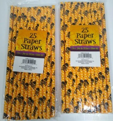 50 Halloween Paper Straws - Orange Black Skulls (2 Packs of 25) 7.7" x 2.4" dia - Image 1 of 2