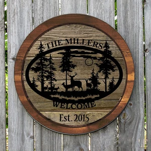 WINE LID COUNTRY DEER SCENE PERSONALIZED ROUND METAL SIGN MONOGRAMMED  - Picture 1 of 1