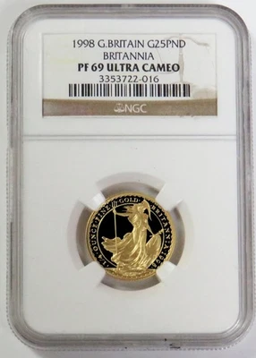 1998 GOLD GREAT BRITAIN PROOF 25 POUNDS 1/4oz BRITANNIA NGC PF 69 UC - Image 1 of 2