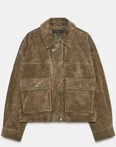 ZARA 2025 NUEVO CON ETIQUETAS. ABRIGO CHAQUETA BOMBER CUERO GAMUZA CAQUI. 8073/253/505 - Imagen 1 de 2
