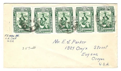 Peru 1938 Callao-Eugene Oregon Scott #357 Strip of 5  2-cent Cormorants/Guano - Image 1 of 2