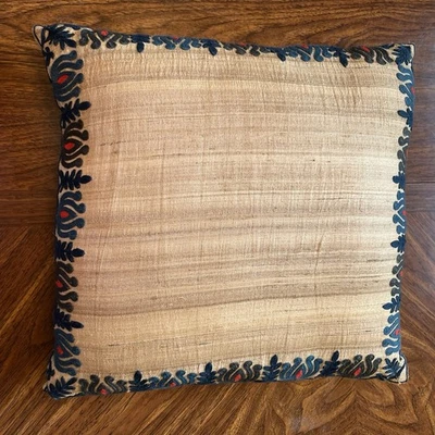 Pier One Throw Pillow Cover, Embroidered Trim Beige Blue Accent Pillow - Image 1 of 4