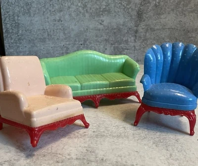 Vintage 1940s Renwal Dollhouse Miniature Furniture Living Room Sofa Chairs (2) - Image 1 of 4