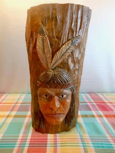 Vintage handgeschnitzter Baum ~ indischer Kopf/Gesicht Wandkunst ~ 17" Holzdekor Künstler signiert - Bild 1 von 10