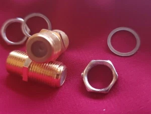 RG6 RG59 F Type Gold (2) Female Barrel Coax-Coupler & SILVER Nuts n washers USA. - Picture 1 of 3