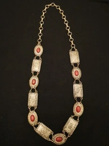 Vintage silberfarbener rechteckiger Concho mit rotem Stein Metallgürtel - Bild 1 von 12