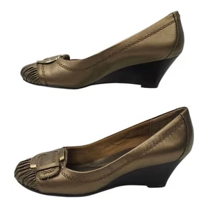 Andrew Geller Ocean Slip On Shoe Womens 6M Leather Gold Copper Wedge Heel Buckle - Picture 1 of 16