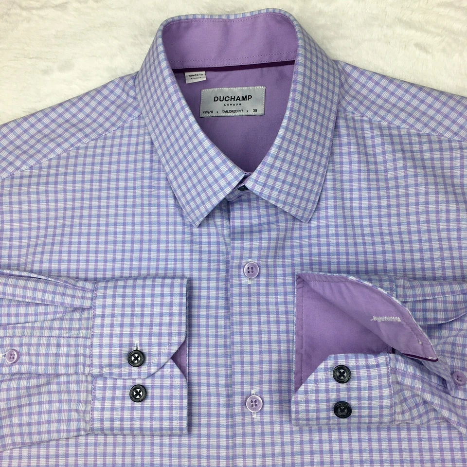 Camisa de vestir Duchamp para hombre 15,5-azul medio y púrpura a cuadros ajuste a medida Foto 1 de 4