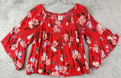 SELF ESTEEM L Blouse Red Floral Bell Sleeve Smocked Cropped Cottage Core Boho - Image 1 of 4