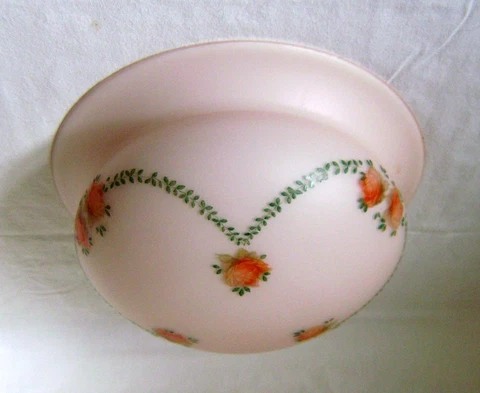 Vintage 1930s Hanging Lampshade in Pink Cased Glass with Enamel Flower Swags Cover