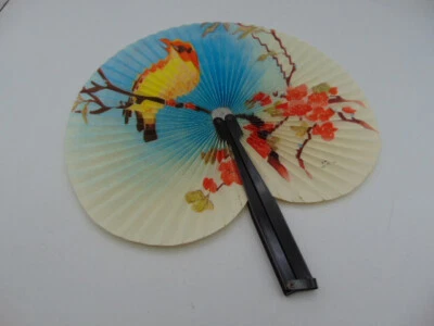 黄色和红色鸟带樱花折叠金属和纸手扇复古 50年代 — 第 1/4 张图片
