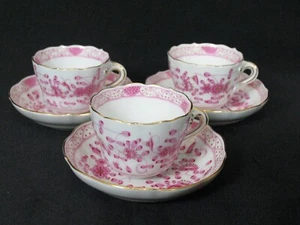 3 Meissen Indian Flower Pink Gold Demitasse Cups & Saucers Antique Porcelain - Picture 1 of 10