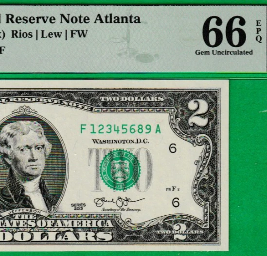 $2  TWO DOLLAR Federal Reserve note LADDER Serial Numbers 1-2-3-4-5-6-8-9 PMG 66 - Image 1 of 3