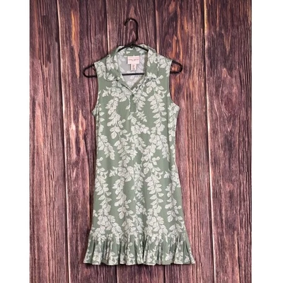 Laura Ashley Dress Womens Small Green White Leaf Print Sleeveless Ruffle Hem - Image 1 of 4