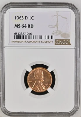 1963-D 1C Red Lincoln Cent, Type 3 Memorial Reverse NGC Certified MS 64 RD - Image 1 of 2