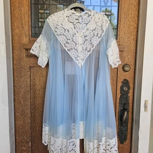 L 1960s Powder blue sheer Vtg babydoll nightgown lingerie Lavoys Nylon Lace - Picture 1 of 11