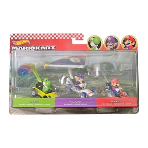 Hot Wheels Super Mario Kart Glider 3 Pack Yoshi Waluigi Mario New Package Wear - Picture 1 of 7