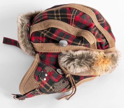 True Religion траппер шляпа мужская L/XL красный клетку искусственного меха подбородочный ремень защелки с подкладкой - Изображение 1 из 4