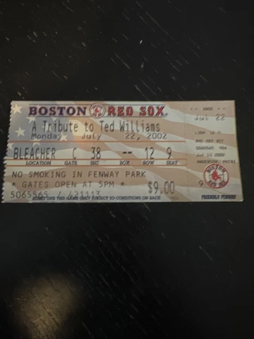 July 22 2002 Ticket Boston  Red Sox A Tribute to Ted Williams VG Condition 406 Cover