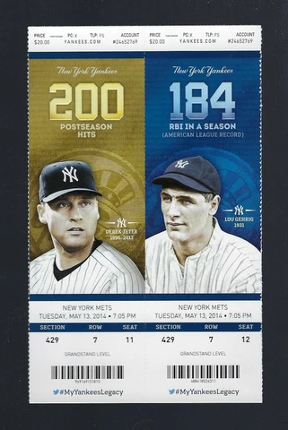2014 MLB ny METS @ ny YANKEES BASEBALL FULL TICKETS - derek JETER & lou GEHRIG Cover