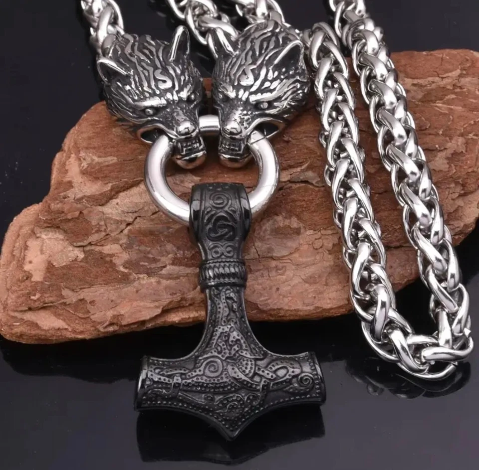 Massive Wikinger Halskette Mjölnir Anhänger mit Wolfskopf Kette Wikinger Schmuck - Bild 1 von 1