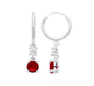 Sterling Silver 925 simulated RUBY & CZ Drop Dangle Hoop Sleeper Earrings - Picture 1 of 6