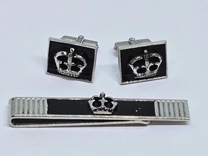 Vintage Men's Swank Regal Crown Cufflinks & Tie Clip Set Silver & Black Metal - Picture 1 of 12