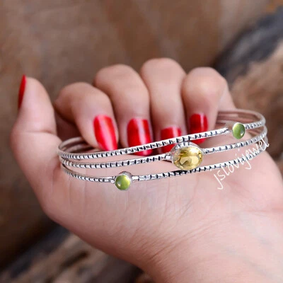 Brazalete de plata de ley 925 hecho a mano de peridoto verde, piedras preciosas talla citrino Foto 1 de 4