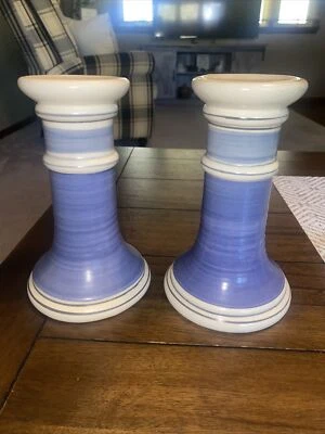 Pfaltzgraff Rio 2 Candlesticks 7"tall Blue White Stripe Pottery EUC Handpainted - Image 1 of 4