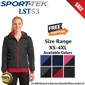 Sport-Tek Womens Long Sleeve Embossed Hooded Wind Jacket With Pockets LST53 - Picture 1 of 7