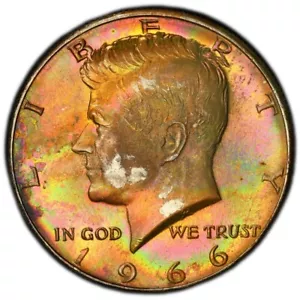 MS66 1966 50C Kennedy Silver Half Dollar, PCGS Trueview- Vivid Rainbow Toned - Picture 1 of 8