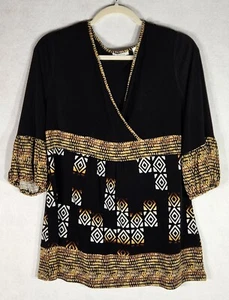 Liz & Co Women's Top Size XL Gold and Black Print 3/4 Sleeve Stretch Knit - Picture 1 of 15