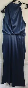Cherley NWT Womens Turtleneck Sleeveless Satin Midi Dress Size S Navy - Picture 1 of 8