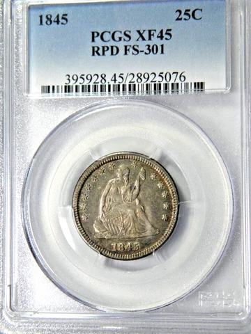 1845 RPD FS-301 LIBERTY SEATED 25c PCGS XF45 SCARCE EARLY COIN Cover