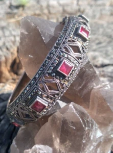Antique Victorian Bracelet Bangle Sterling Silver Ruby - Picture 1 of 5