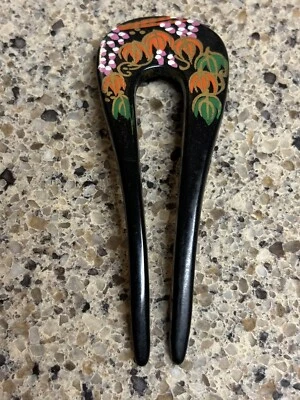 Vtg Celluloid Painted Flowers Hair Comb Pick Made In Taiwan Black - Image 1 of 4