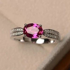 925 Sterling Silver Pink Ruby Lab Created Pave Gemstone Women Ring US Duty Free - Picture 1 of 5