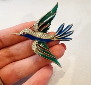 Vintage Trifari Brosche blau grün Emaille Kristall Vogel - Bild 1 von 2